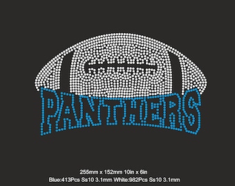 May include: Rhinestone template design for a football with the word "PANTHERS" underneath. The design is 10 inches by 6 inches and uses 413 blue and 982 white rhinestones.