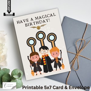Carte d'anniversaire sur le thème de Harry Potter et enveloppe, téléchargement immédiat