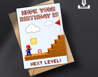 Mario Birthday Card & Envelope, Instant Download