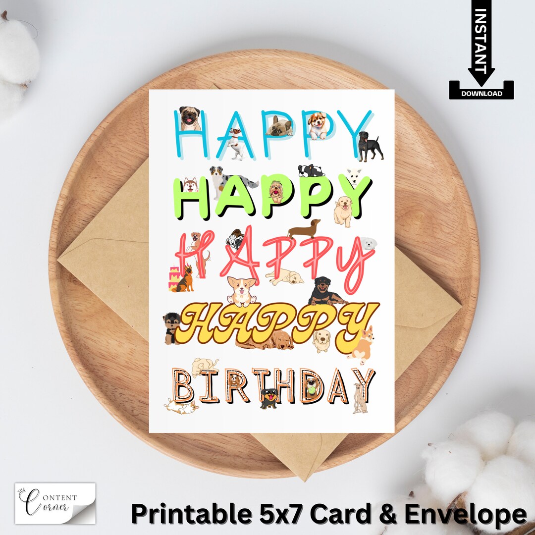 Dog Themed Happy Birthday Card & Envelope, Instant Download - Etsy