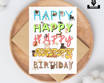 Dog Themed Happy Birthday Card & Envelope, Instant Download