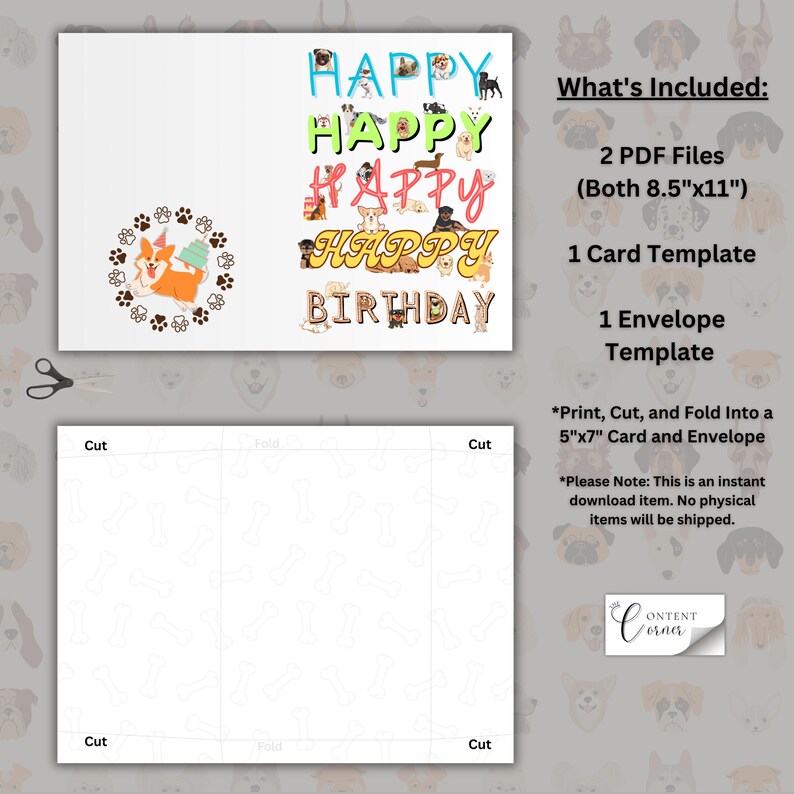 Dog Themed Happy Birthday Card & Envelope, Instant Download - Etsy