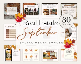 May include: A collection of 80 real estate social media templates with a fall theme. The design includes images of autumn leaves, houses, and text such as "Hello September", "Open House", and "Investment Property Seminar".