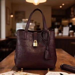 May include: A burgundy leather tote bag with embossed lettering. The bag features a top handle, a gold-colored padlock closure, and a matching leather tag. The bag is sitting on a wooden table.