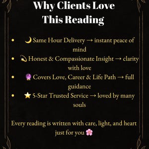 Puede incluir: Fondo negro con detalles dorados y texto blanco. El texto dice "Por qu&eacute; a los clientes les encanta esta lectura" y enumera los beneficios, como la entrega en el mismo d&iacute;a y el servicio de confianza. Hay una luna.