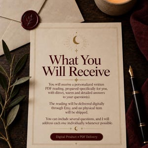 What You Will Receive graphic showing that the buyer receives a personalized written PDF reading with direct and detailed answers, delivered digitally through Etsy with no physical item shipped.