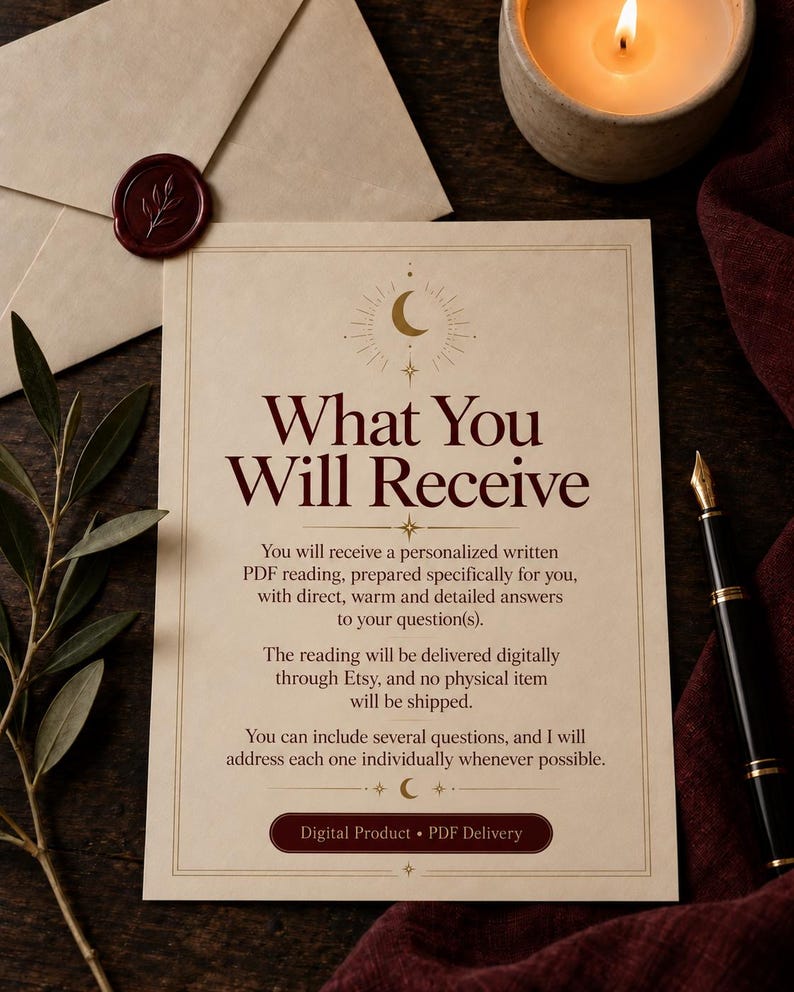 What You Will Receive graphic showing that the buyer receives a personalized written PDF reading with direct and detailed answers, delivered digitally through Etsy with no physical item shipped.