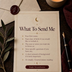 What To Send Me graphic showing the personalization details needed after purchase, including your first name, date of birth if you want to include it, focus area, specific questions, and a short background.