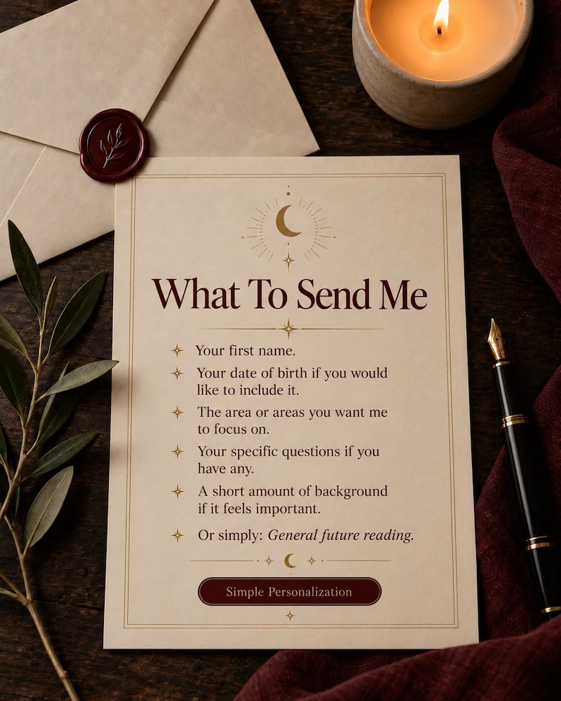 What To Send Me graphic showing the personalization details needed after purchase, including your first name, date of birth if you want to include it, focus area, specific questions, and a short background.