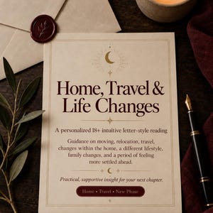Home, Travel and Life Changes graphic showing that this intuitive reading may explore moving, relocation, travel, home changes, lifestyle shifts, family developments, and feeling more settled in the future.