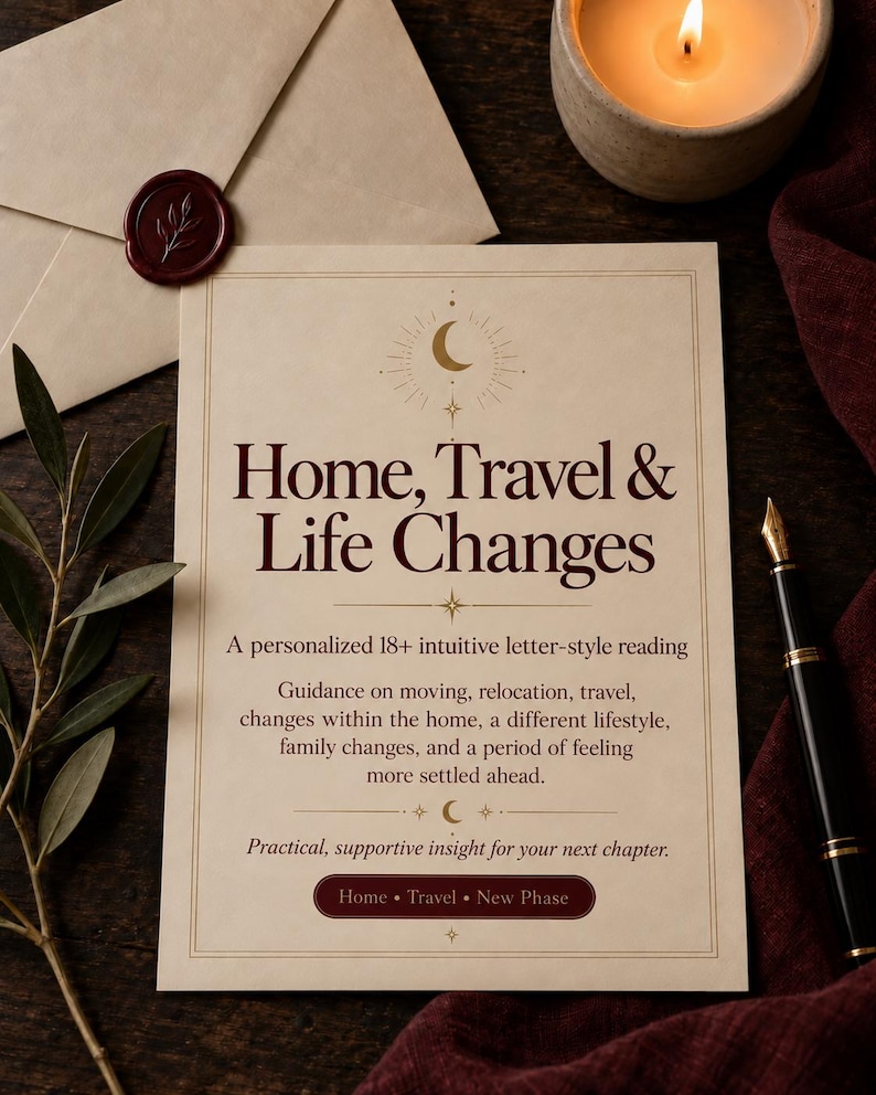 Home, Travel and Life Changes graphic showing that this intuitive reading may explore moving, relocation, travel, home changes, lifestyle shifts, family developments, and feeling more settled in the future.