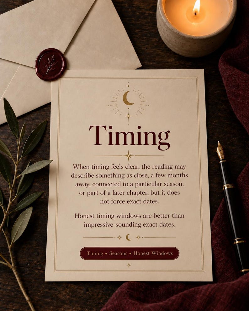 Timing graphic explaining that when timing feels clear, the reading may describe something as close, a few months away, linked to a season, or part of a later chapter rather than forcing exact dates.