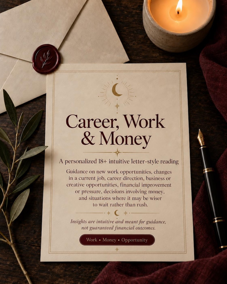 Career, Work and Money graphic showing that this clairvoyant reading may look at work opportunities, career direction, business ideas, financial pressure or improvement, and practical money-related decisions.
