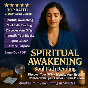 May include: An image promoting spiritual guidance features a woman with closed eyes, a crystal ball, a candle, and text that reads "Spiritual Awakening" and "Soul Path Reading." Additional text includes "Discover Your Gifts" and "Awaken Your True Calling in Minutes."