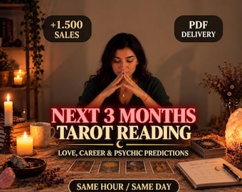 May include: A tarot reading service featuring the text NEXT 3 MONTHS TAROT READING, LOVE, CAREER & PSYCHIC PREDICTIONS, +1.500 SALES, PDF DELIVERY, and SAME HOUR / SAME DAY. Four tarot cards are laid out on a table with candles and a notebook.