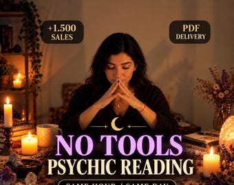May include: A psychic reading service advertisement featuring text that reads +1.500 SALES, PDF DELIVERY, NO TOOLS PSYCHIC READING, and SAME HOUR / SAME DAY. The image shows a person with hands pressed together, surrounded by lit candles and crystals.