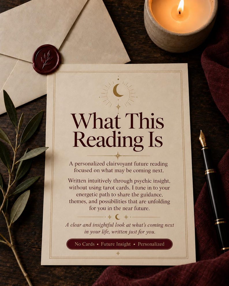 What This Reading Is graphic explaining that this is a personalized clairvoyant future reading based on psychic insight without tarot cards, focused on upcoming themes, guidance, and near-future possibilities.