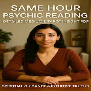May include: A woman in a rust-colored top sits at a wooden table. The text at the top reads "SAME HOUR PSYCHIC READING" and "DETAILED MEDIUM & TAROT INSIGHT PDF." The bottom text says "SPIRITUAL GUIDANCE & INTUITIVE TRUTHS."