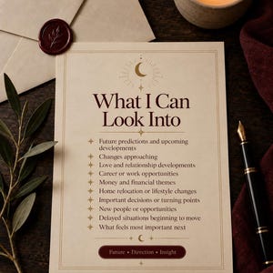 What I Can Look Into graphic showing that this clairvoyant reading may explore future predictions, approaching changes, love developments, career opportunities, money themes, lifestyle changes, and important turning points.