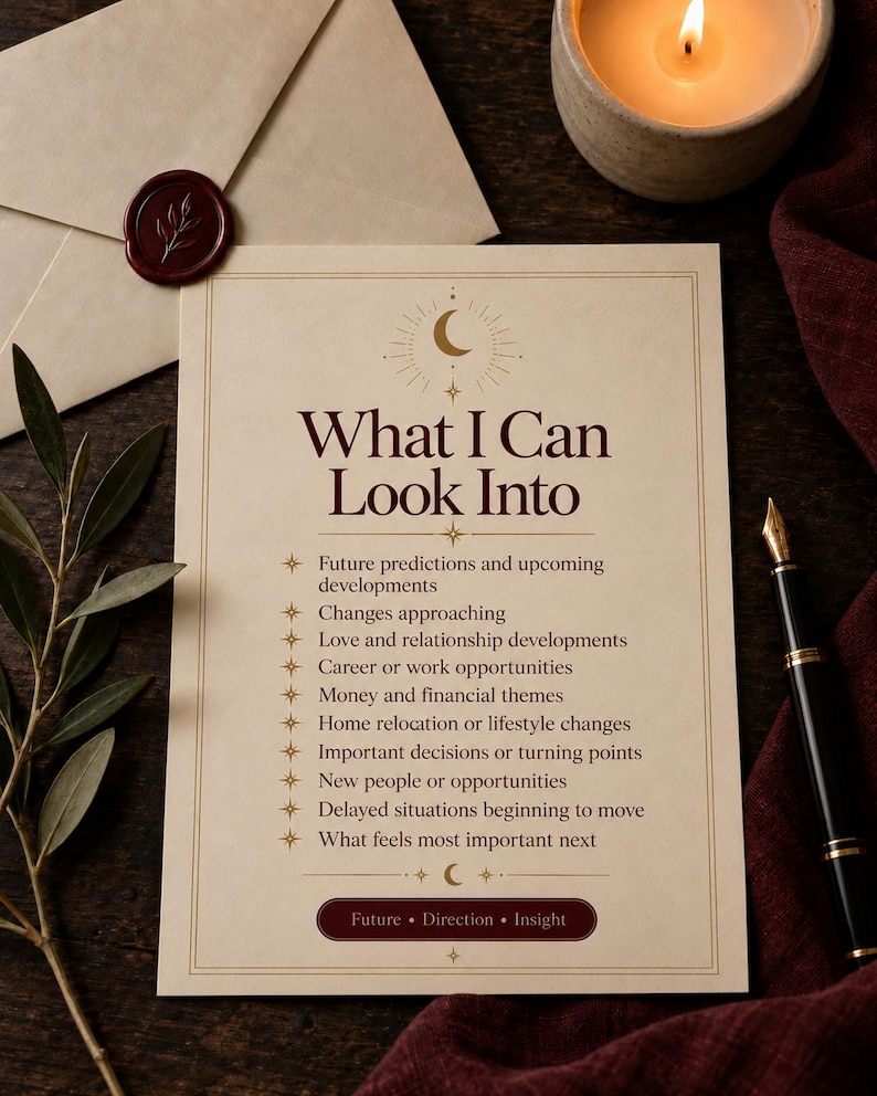 What I Can Look Into graphic showing that this clairvoyant reading may explore future predictions, approaching changes, love developments, career opportunities, money themes, lifestyle changes, and important turning points.