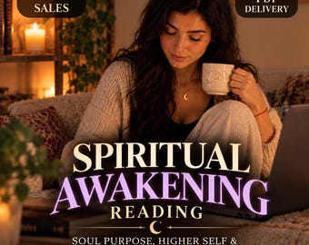 May include: A digital document titled SPIRITUAL AWAKENING READING, featuring text about soul purpose, higher self, and spirit guide messages. The graphic includes labels for +1.500 SALES, PDF DELIVERY, and SAME HOUR / SAME DAY, set against a warm, dimly lit background.