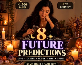 May include: A digital graphic featuring the text 8 FUTURE PREDICTIONS, +1.500 SALES, PDF DELIVERY, and SAME HOUR / SAME DAY. The image displays a person holding a tarot card, surrounded by lit candles, crystals, and a pumpkin in a dimly lit setting.