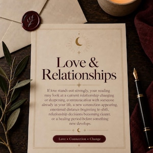 Love and Relationships graphic showing that this future reading may explore relationship changes, communication, new connections, emotional shifts, healing periods, and clearer romantic decisions.