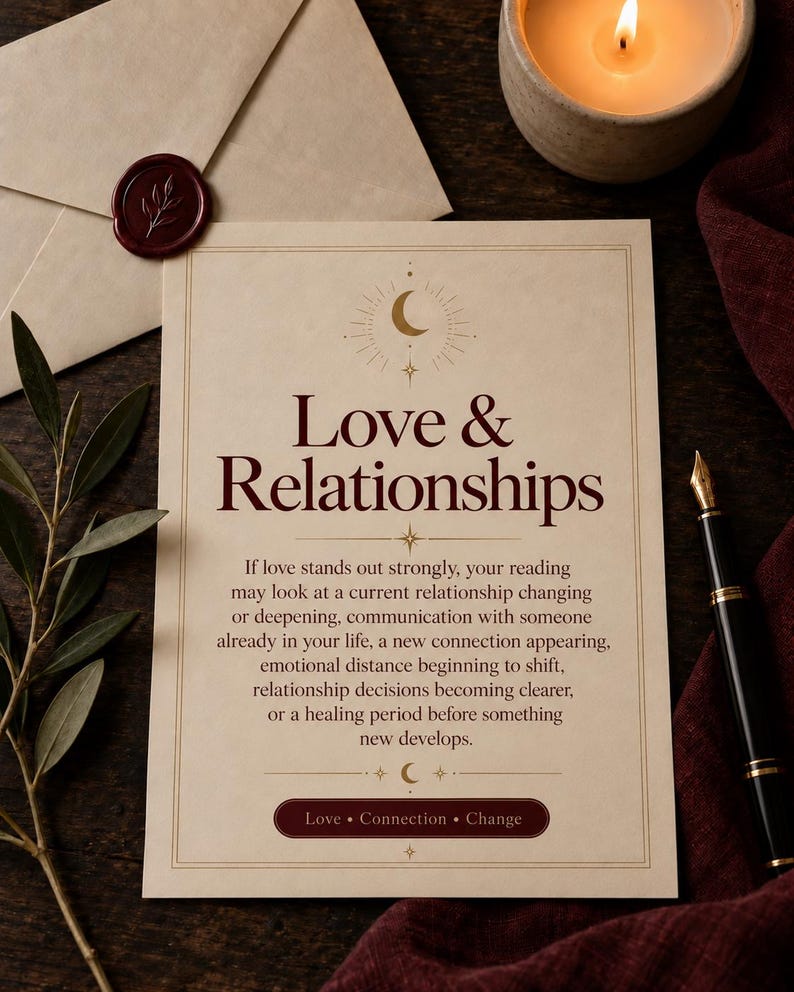 Love and Relationships graphic showing that this future reading may explore relationship changes, communication, new connections, emotional shifts, healing periods, and clearer romantic decisions.