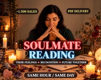 Może przedstawiać: Cyfrowa oferta usługi odczytu bratniej duszy z napisami: +1.500 SALES, PDF DELIVERY, SOULMATE READING, THEIR FEELINGS, RECOGNITION, FUTURE TOGETHER oraz SAME HOUR / SAME DAY. Obraz przedstawia świece, kryształy i książki.