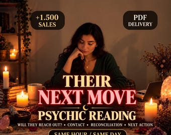 May include: A psychic reading service advertisement featuring the text THEIR NEXT MOVE PSYCHIC READING, WILL THEY REACH OUT? CONTACT, RECONCILIATION, NEXT ACTION, +1.500 SALES, PDF DELIVERY, and SAME HOUR / SAME DAY, surrounded by lit candles and crystals.
