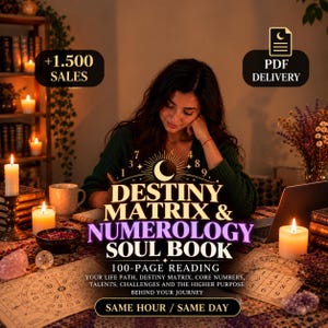 Könnte beinhalten: Ein digitales 100-seitiges Destiny Matrix und Numerology Soul Book. Der Text lautet: Destiny Matrix & Numerology Soul Book, 100-page reading, your life path, destiny matrix, core numbers, talents, challenges and the higher purpose behind your journey.