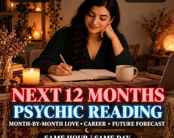 May include: A digital document titled NEXT 12 MONTHS PSYCHIC READING, MONTH-BY-MONTH LOVE • CAREER • FUTURE FORECAST, SAME HOUR / SAME DAY, +1.500 SALES, PDF DELIVERY. The text is overlaid on a warm, dimly lit scene of a person writing in a journal.