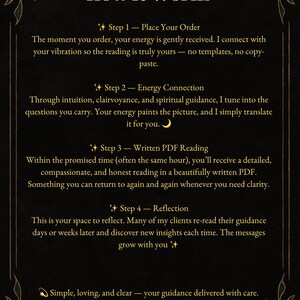 Puede incluir: Fondo oscuro con detalles celestiales dorados y texto: "How It Works". Los pasos incluyen pedido, conexi&oacute;n energ&eacute;tica, lectura PDF y reflexi&oacute;n. El texto describe un servicio de gu&iacute;a espiritual.