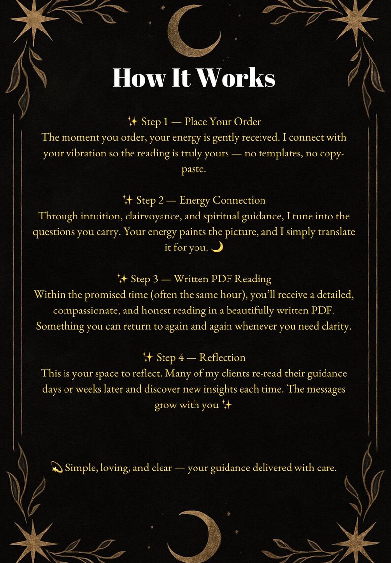 Puede incluir: Fondo oscuro con detalles celestiales dorados y texto: "How It Works". Los pasos incluyen pedido, conexi&oacute;n energ&eacute;tica, lectura PDF y reflexi&oacute;n. El texto describe un servicio de gu&iacute;a espiritual.