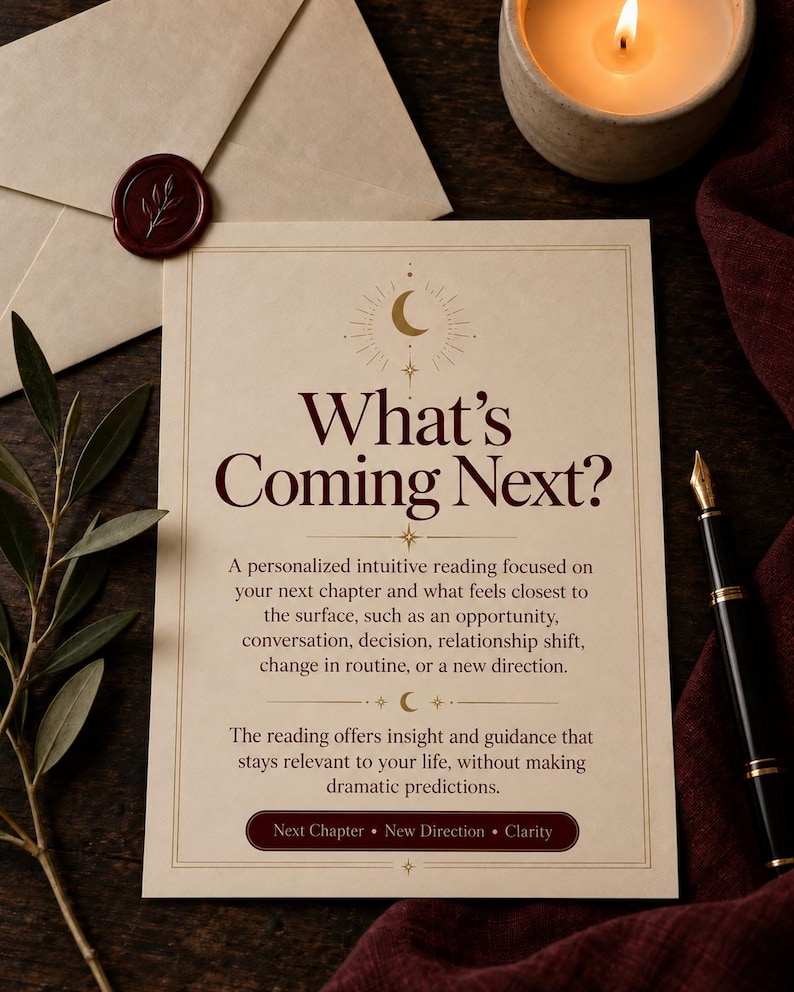 What’s Coming Next graphic describing a personalized intuitive reading focused on the next chapter of life, including opportunities, decisions, conversations, relationship shifts, routine changes, and new directions.
