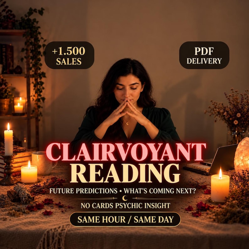 Clairvoyant Reading cover image showing a personalized future prediction reading with no tarot cards, focused on what may be coming next in love, career, money, and life direction.