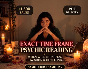 May include: A digital graphic for an Exact Time Frame Psychic Reading service. Text includes +1.500 SALES, PDF DELIVERY, WHEN WILL IT HAPPEN? HOW SOON & HOW LONG?, and SAME HOUR / SAME DAY. The scene features lit candles, a clock, and dried flowers.