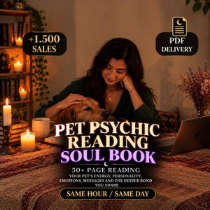 May include: A digital document titled PET PSYCHIC READING SOUL BOOK, featuring 50+ pages of insights into pet energy, personality, emotions, and bonds. The text includes +1.500 SALES, PDF DELIVERY, and SAME HOUR / SAME DAY service options for the reader.