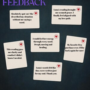 Puede incluir: Una colecci&oacute;n de tarjetas blancas con iconos de coraz&oacute;n rojo, cada una con comentarios positivos de clientes. La palabra "FEEDBACK" se muestra en morado en la parte superior. Las tarjetas comparten sentimientos de claridad y paz.