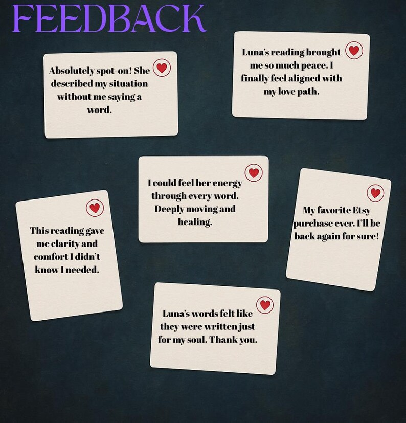 Puede incluir: Una colecci&oacute;n de tarjetas blancas con iconos de coraz&oacute;n rojo, cada una con comentarios positivos de clientes. La palabra "FEEDBACK" se muestra en morado en la parte superior. Las tarjetas comparten sentimientos de claridad y paz.