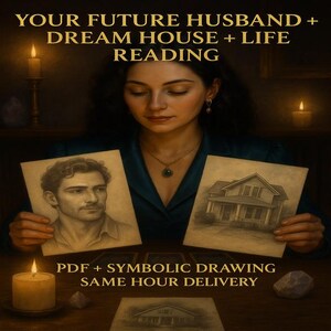 May include: An image featuring a woman holding drawings of a man and a house, with text that reads "YOUR FUTURE HUSBAND + DREAM HOUSE + LIFE READING." Additional text states "PDF + SYMBOLIC DRAWING SAME HOUR DELIVERY."