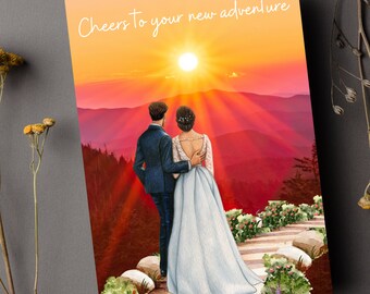 Könnte beinhalten: Eine Hochzeitskarte mit einem Paar, das auf einem Berggipfel steht und einen Sonnenuntergang betrachtet. Die Karte lautet "Cheers to your new adventure".