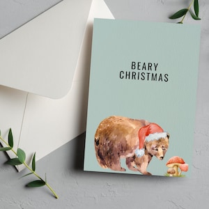 Beary Christmas Card, Merry Christmas Holiday Card, Wildlife Bear Card, Santa Bear Christmas Card, Bear in Santa Hat Christmas Card