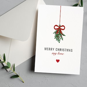 Frohe Weihnachten meine Liebe Weihnachtskarte, ich liebe dich Weihnachtskarte, süße rote Herz und Mistel Karte, Mistel Urlaub Karte für Frau