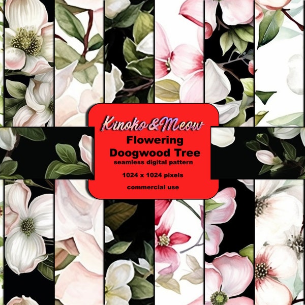 Papel Digital de árbol de cornejo con flores de acuarela: hermosos fondos sin costuras para uso comercial - descarga instantánea