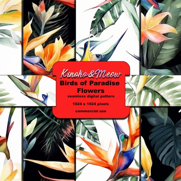 Watercolor Birds of Paradise Flowers Digital Paper: Beautiful Seamless Backgrounds for Commercial Use - Instant Download