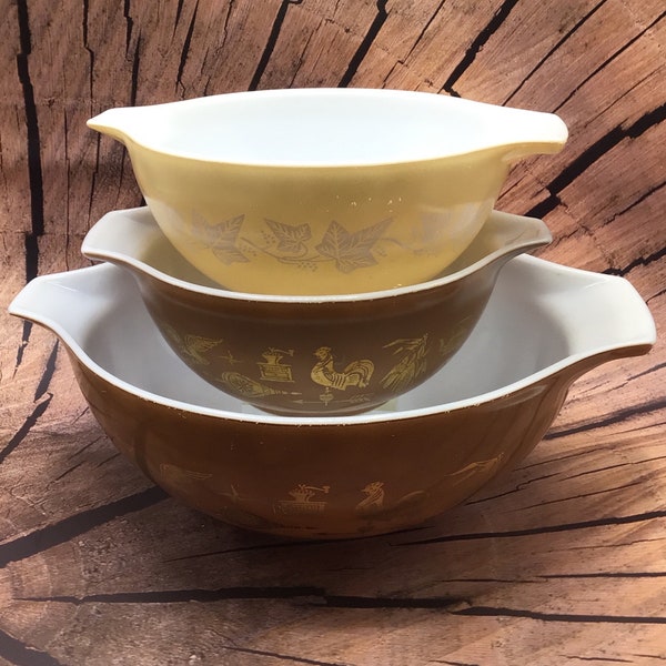 Vintage Pyrex "Early American" and "Woodland" Pattern Cinderella Mixing Bowls