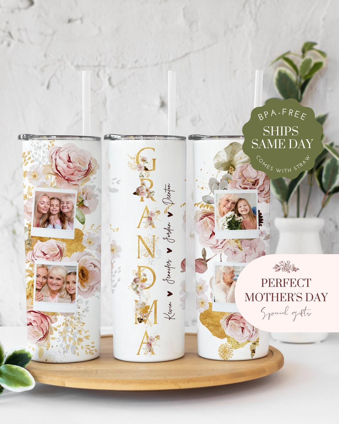 Grandma Tumbler Personalized Floral for Grandma for Mothers Day First