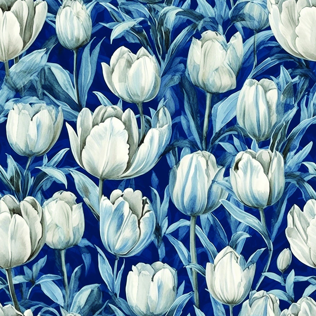Tulips, Blue and White, Digital Print, Instant Download, Seamless Etsy