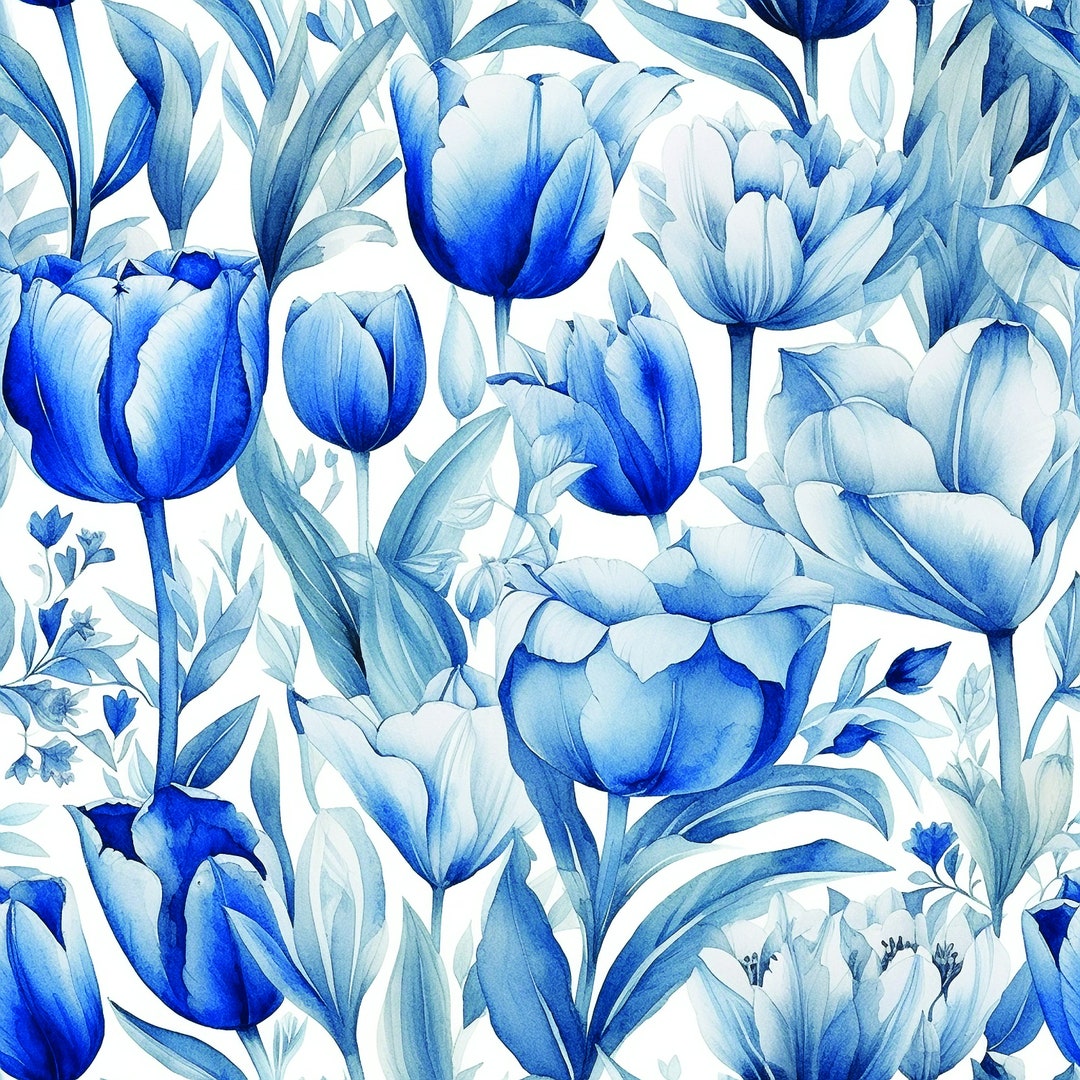 Flowers Tulips Blue and White Seamless Digital Print Etsy